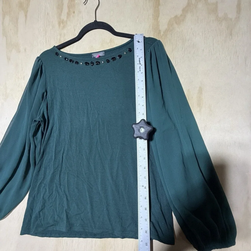 Vince Camuto Women's Medium Green Jeweled Blouse 3/4 Sheer Sleeve‎ Stretch Top